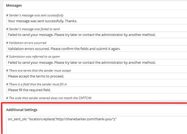 Contact Fomr 7 Redirect To Thank You Page Additional Settings